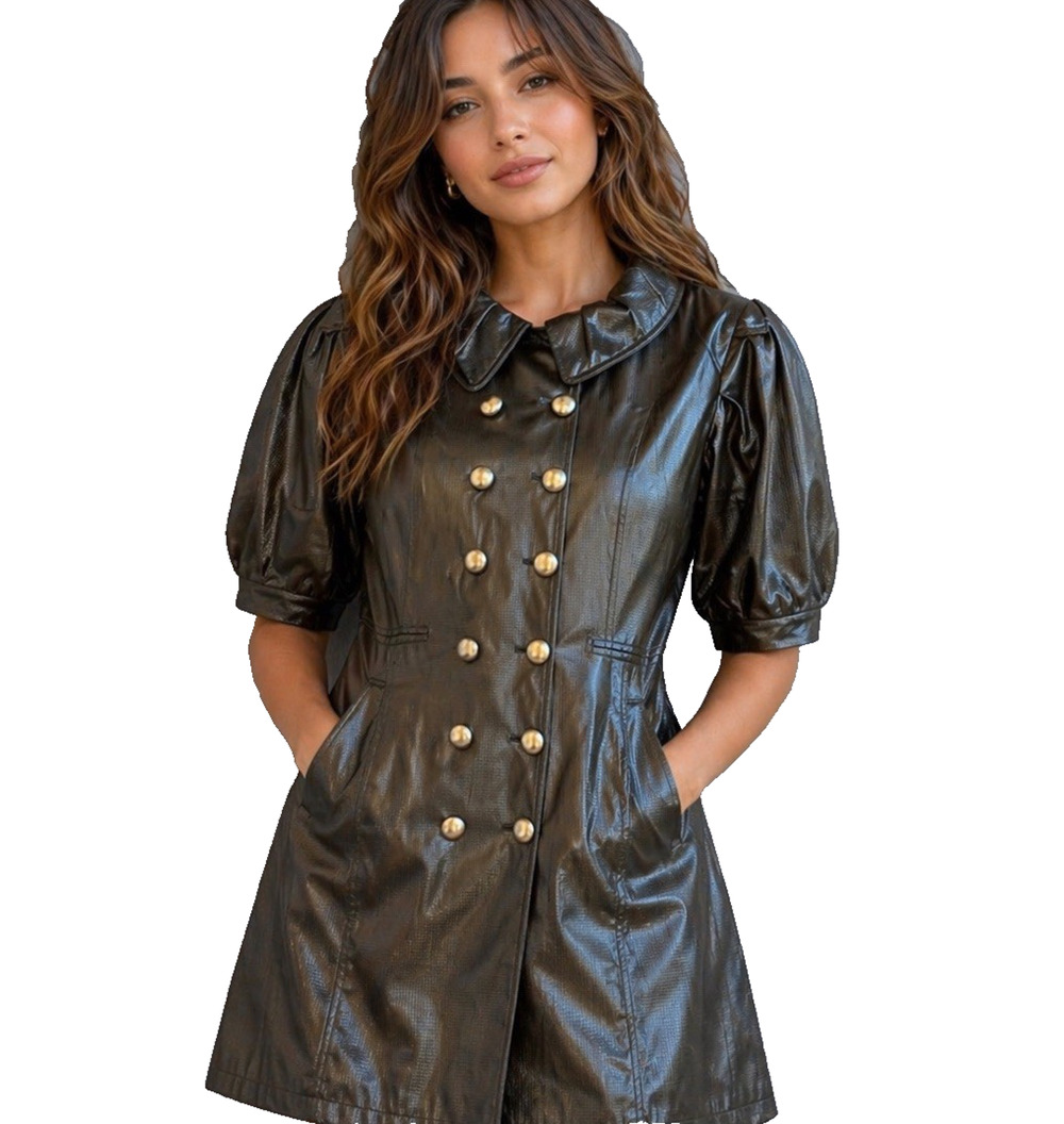 Vertigo Paris Black 3/4 Sleeve Collared Ruffle Raincoat Jacket XL Dressy Flaw